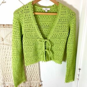 🍋‍🟩 M&S Mark and Spencer London Lime Green Crochet Tie Beach Boho 70s Sweater XS